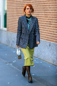 beige bag, black shoes, blazer, blue bag, green skirt, grey jacket, high heels, leather bag, leather shoes, sara moschini, tights, varnished leather shoes, MILAN, MFW, fashion week, frenchystyle, FW, jonathan paciullo, street style, AUTUMN WINTER 2019-2020, AW 19-20, FALL WINTER 2019-2020, FW 19-20, vertical, full length