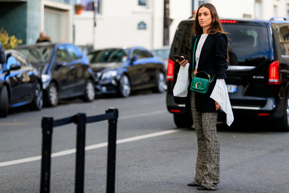 black jacket, blazer, chloé, crop top, erika boldrin, graphic pants, green bag, grey pants, lace top, leather bag, printed pants, trousers, white top, PARIS, PFW, street style, jonathan paciullo, FW, frenchystyle, fashion week, AUTUMN WINTER 2019-2020, AW 19-20, FALL WINTER 2019-2020, FW 19-20, horizontal, atmosphere details, full length