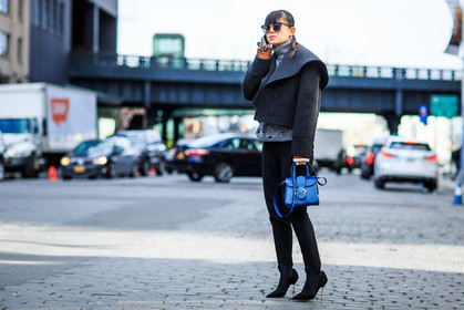 atmosphere details, AUTUMN WINTER 2016-2017, AW 16-17, black heels, black pants, blue bag, FALL WINTER 2016-2017, fashion week, frenchystyle, full length, FW, FW 16-17, golden details, grey coat, grey jacket, grey sweater, grey turtleneck, high heels, horizontal, iphone, jonathan paciullo, leaf greener, leather bag, NEW YORK, NYFW, stir pants, street style, suede shoes, sunglasses, turtleneck sweater, woman