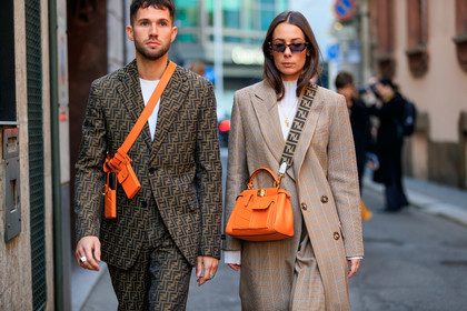 alice & j.s, beige coat, beige pants, blazer, brown jacket, brown pants, brown suit, checked, fanny pack, fendi, graphic jacket, graphic pants, graphic suit, leather bag, monogram, orange bag, plaid, printed jacket, printed pants, printed suit, sunglasses, trousers, white t shirt, MILAN, MFW, fashion week, frenchystyle, FW, jonathan paciullo, street style, AUTUMN WINTER 2019-2020, AW 19-20, FALL WINTER 2019-2020, FW 19-20, atmosphere details, detail, horizontal