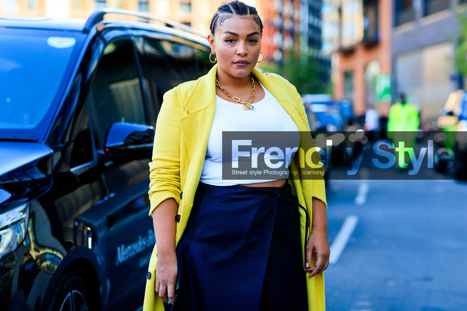 black skirt, braids, model, necklace, white top, yellow coat, fashion week, frenchystyle, FW, jonathan paciullo, street style, LFW, LONDON, SPRING SUMMER 2019, SS 19, atmosphere details, horizontal, detail
