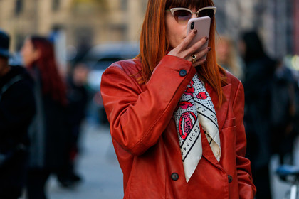 floral, flowers, gucci, iphone, leather jacket, printed scarf, red jacket, sunglasses, white scarf, fashion week, frenchystyle, FW, jonathan paciullo, street style, MFW, MILAN, AUTUMN WINTER 2019-2020, AW 19-20, FALL WINTER 2019-2020, FW 19-20, atmosphere details, detail, horizontal