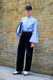 balenciaga, black bag, black cap, black pants, blue shirt, fashion week, frenchystyle, full length, FW, graphic bag, jonathan paciullo, leather bag, leather shoes, leather sneakers, LFW, lisa anne stuyfzand, LONDON, printed bag, SPRING SUMMER 2017, SS 17, street style, striped bag, striped shirt, sweatpants, trousers, velvet, vertical, white sneakers, woman