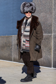 AUTUMN WINTER 2016-2017, AW 16-17, black boots, black gloves, brown coat, brown fur, brown pants, chapka, fashion week, frenchystyle, full length, fur collar, fur hat, FW, FW 16-17, grey fur, grey hat, grey knit, grey sweater, jonathan paciullo, leather boots, leather gloves, leather pants, man, NEW YORK, nick wooster, NYFW, parka, safety pin, street style, striped cardigan, striped sweater, suede pants, sunglasses, vertical
