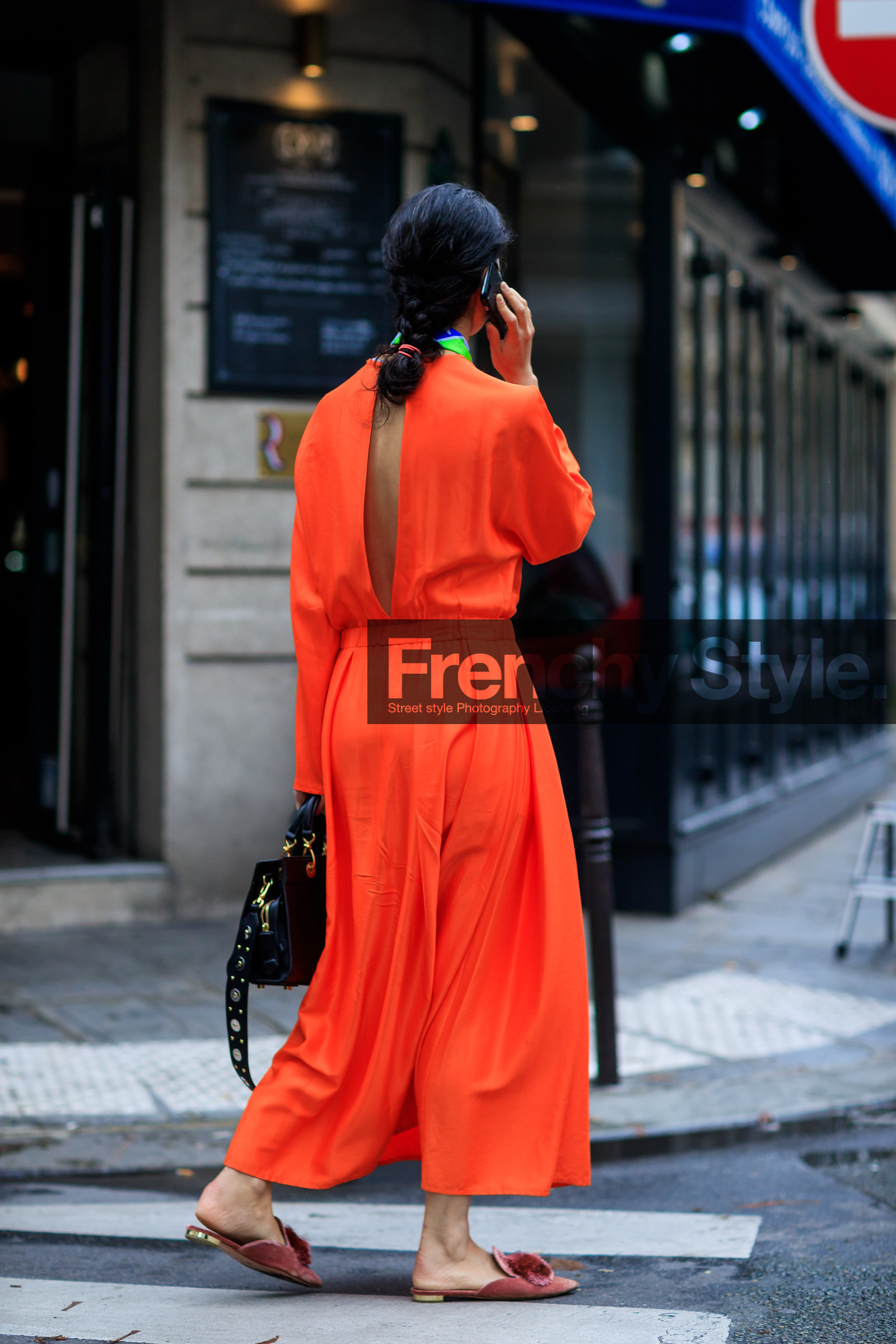 black bag, braids, fashion week, frenchystyle, full length, FW, jonathan paciullo, leather bag, leather shoes, open back, PFW, pink shoes, red dress, SPRING SUMMER 2018, SS 18, street style, vertical, caroline issa