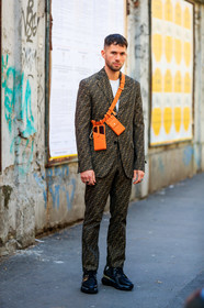 alice & j.s, black shoes, blazer, brown jacket, brown pants, brown suit, fanny pack, fendi, graphic jacket, graphic pants, graphic suit, leather bag, leather shoes, monogram, orange bag, printed jacket, printed pants, printed suit, trousers, white t shirt, MILAN, MFW, fashion week, frenchystyle, FW, jonathan paciullo, street style, AUTUMN WINTER 2019-2020, AW 19-20, FALL WINTER 2019-2020, FW 19-20, vertical, full length