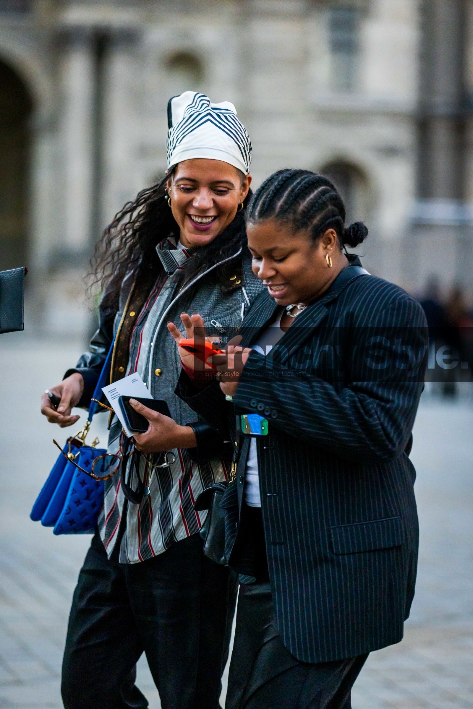 bag, black and white, black blazer, black pants, blazer, blue bag, duo, grey jacket, grey shirt, pants, printed scarf, scarf, shirt, smartphone, striped blazer, striped shirt, stripes, white scarf, fashion week, frenchystyle, FW, jonathan paciullo, street style, PFW, PARIS, SPRING SUMMER 2022, SS 22, vertical, atmosphere details