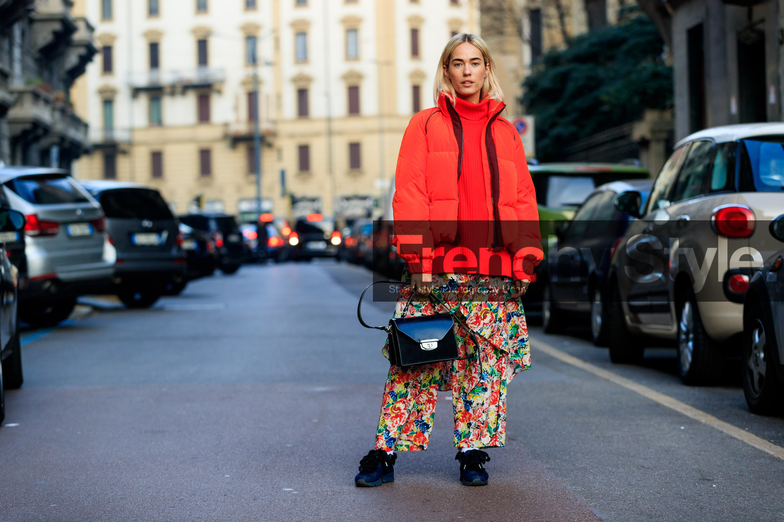 atmosphere details, AUTUMN WINTER 2017-2018, AW 17-18, black bag, black shoes, black sneakers, down jacket, FALL WINTER 2017-2018, fashion week, floral, flower, frenchystyle, full length, FW, FW 17-18, horizontal, jonathan paciullo, leather bag, leather shoes, MFW, MILAN, printed pants, red jacket, street style, trousers