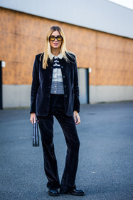 bag, black jacket, black pants, Camille Charrière, cardigan, coperni bag, flare pants, jacket, pants, strass bag, striped cardigan, stripes, sunglasses, velvet jacket, velvet pants, white cardigan, yellow glasses, street style, jonathan paciullo, FW, frenchystyle, fashion week, PFW, PARIS, SPRING SUMMER 2022, SS 22, vertical, full length