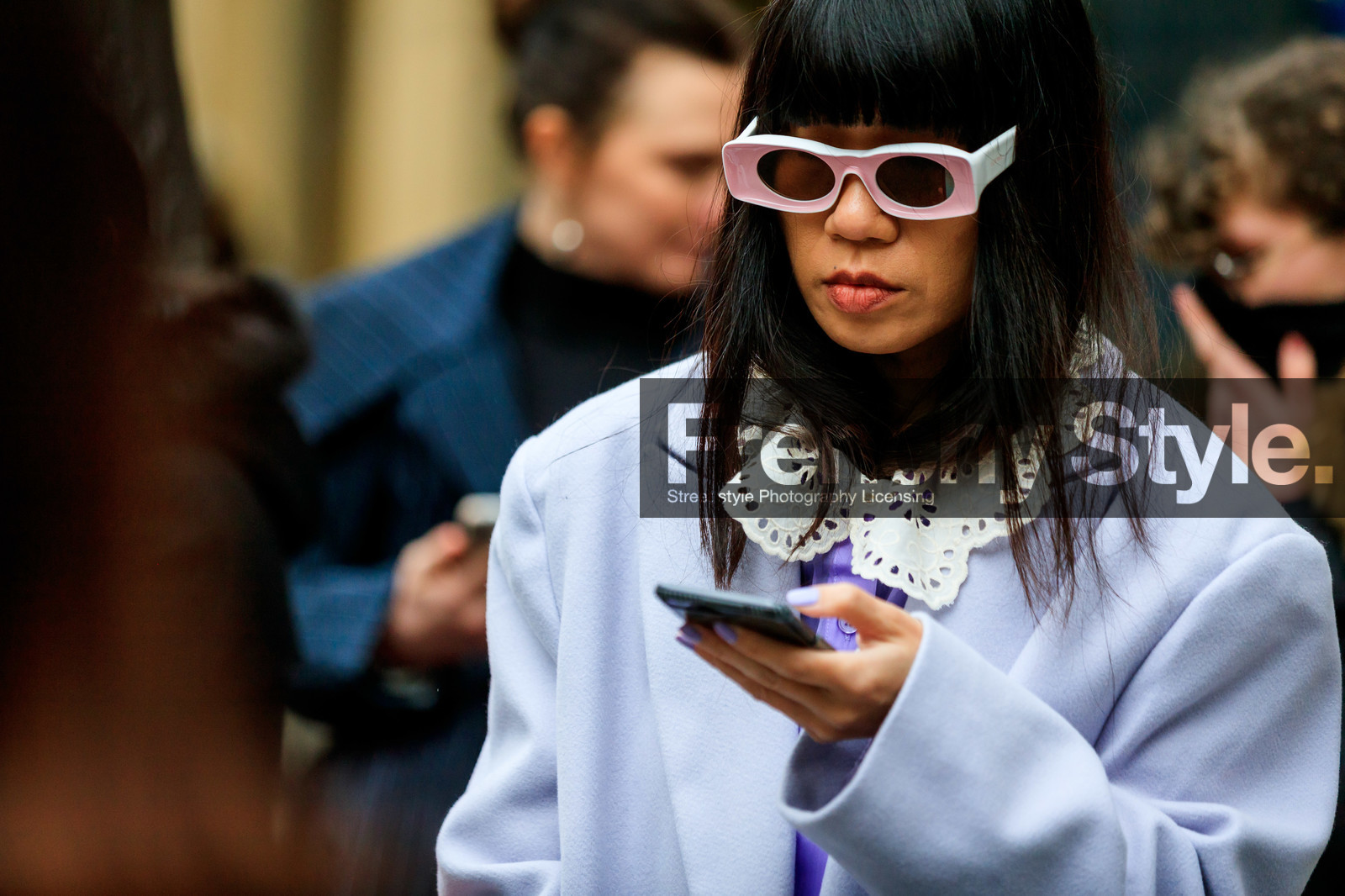 loewe sunglasses, pink sunglasses, white sunglasses, lilac jacket, lace collar, lace shirt, lilac shirt, close up detail, fashion week, frenchystyle, FW, jonathan paciullo, street style, PFW, PARIS, AUTUMN WINTER 2020-2021, FALL WINTER 2020-2021, FW 20-21, horizontal, detail, atmosphere details