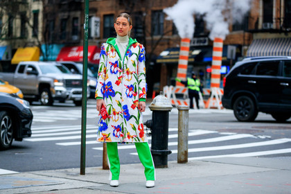 embroidered coat, embroideries, floral, flowers, graphic jacket, graphic pants, green pants, high heels, hood, leather shoes, printed coat, printed jacket, printed pants, sweatpants, trousers, white coat, white shoes, white sweater, street style, jonathan paciullo, FW, frenchystyle, fashion week, NYFW, NEW YORK, AUTUMN WINTER 2018-2019, AW 18-19, FALL WINTER 2018-2019, FW 18-19, atmosphere details, horizontal, full length, emili sindlev