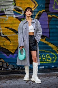 bag, black and white, black short, blue bag, boots, coperni bag, crop top, grey trenchcoat, leather boots, leather short, print, printed trenchcoat, short, tartan, trench, white boots, white crop top, Xiayan, street style, jonathan paciullo, FW, frenchystyle, fashion week, PFW, PARIS, SPRING SUMMER 2022, SS 22, vertical, full length