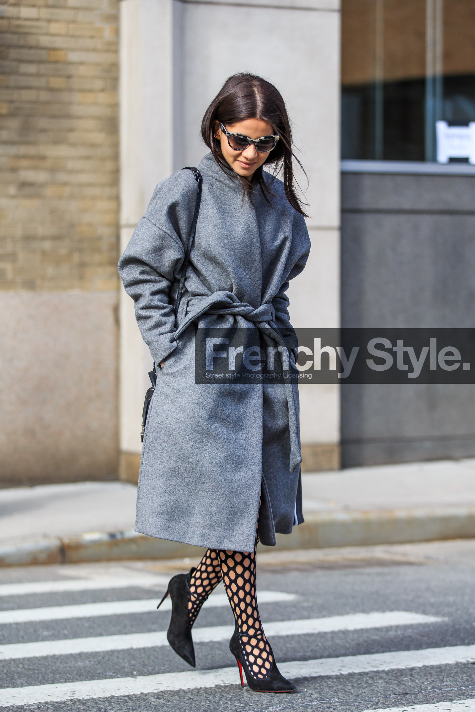 AUTUMN WINTER 2016-2017, AW 16-17, belted coat, black heels, christian louboutin, FALL WINTER 2016-2017, fashion week, fishnet, frenchystyle, full length, FW, FW 16-17, grey coat, high heels, jonathan paciullo, Lainy Hedaya, NEW YORK, NYFW, street style, suede shoes, sunglasses, tights, vertical, woman
