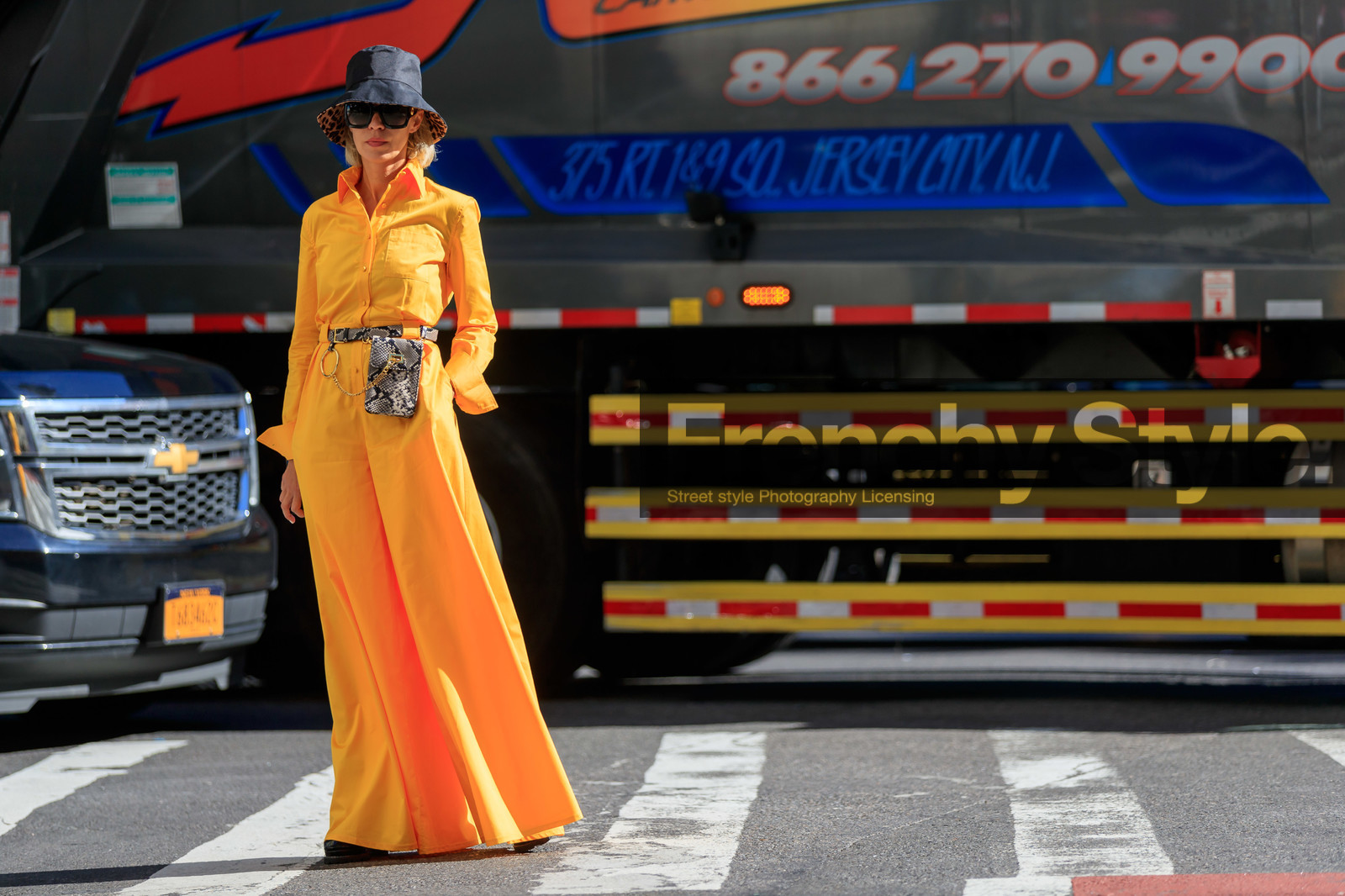 animal print, black hat, bucket hat, fanny pack, graphic bag, leather bag, orange jumpsuit, printed bag, snake print, sunglasses, trousers, yellow jumpsuit, fashion week, frenchystyle, FW, jonathan paciullo, street style, NEW YORK, NYFW, SPRING SUMMER 2020, SS 20, horizontal, atmosphere details, full length