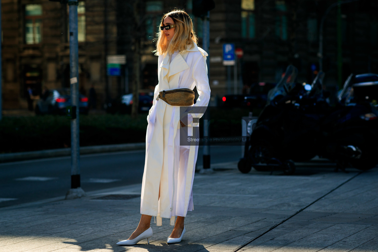fanny pack, leather bag, leather shoes, see through, sunglasses, white dress, white shoes, MILAN, MFW, fashion week, frenchystyle, FW, jonathan paciullo, street style, AUTUMN WINTER 2019-2020, AW 19-20, FALL WINTER 2019-2020, FW 19-20, atmosphere details, full length, horizontal