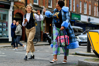 aemilia madden, gabriella karefa johnson, light blue coat, light green pants, checked coat, checked pants, satin pants, silk pants, fur coat, plaid coat, plaid pants, cropped pants, white leather shoes, prada shoes, high heels shoes, sharp end shoes, ankle bracelet, balenciaga bag, pink bag, hand bag, printed bag, printed t-shirt, face printed t-shirt, black t-shirt, the north face t-shirt, fashion week, frenchystyle, FW, jonathan paciullo, street style, LFW, LONDON, AUTUMN WINTER 2020-2021, FALL WINTER 2020-2021, FW 20-21, horizontal, atmosphere details, full length
