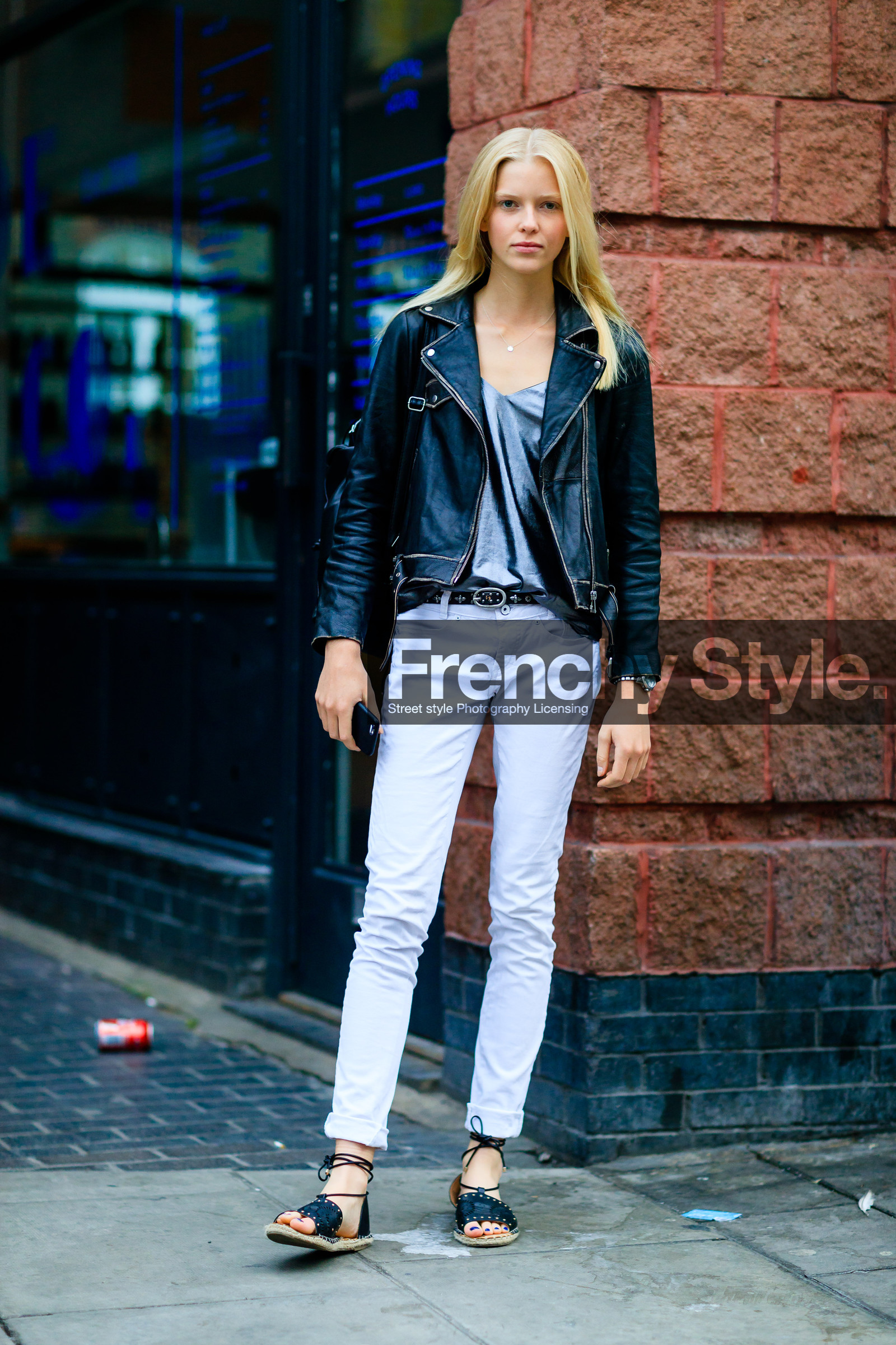 black belt, black jacket, black perfecto, black shoes, denim pants, fashion week, frenchystyle, full length, FW, jeans, jonathan paciullo, lace up shoes, leather belt, leather jacket, leather perfecto, leather shoes, LFW, LONDON, model, shiny top, silver top, SPRING SUMMER 2017, SS 17, street style, trousers, vertical, white denim, woman