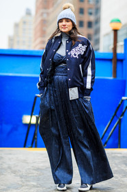 AUTUMN WINTER 2016-2017, AW 16-17, black and white loafers, blue jacket, blue jumpsuit, bomber jacket, fashion week, frenchystyle, full length, FW, FW 16-17, graphic jumpsuit, grey beanie, grey turtleneck, jonathan paciullo, juliana salazar, leather shoes, navy jumpsuit, NEW YORK, NYFW, oversize, printed jacket, printed jumpsuit, street style, striped jumpsuit, stripes, teddy jacket, vertical, wide pants, woman