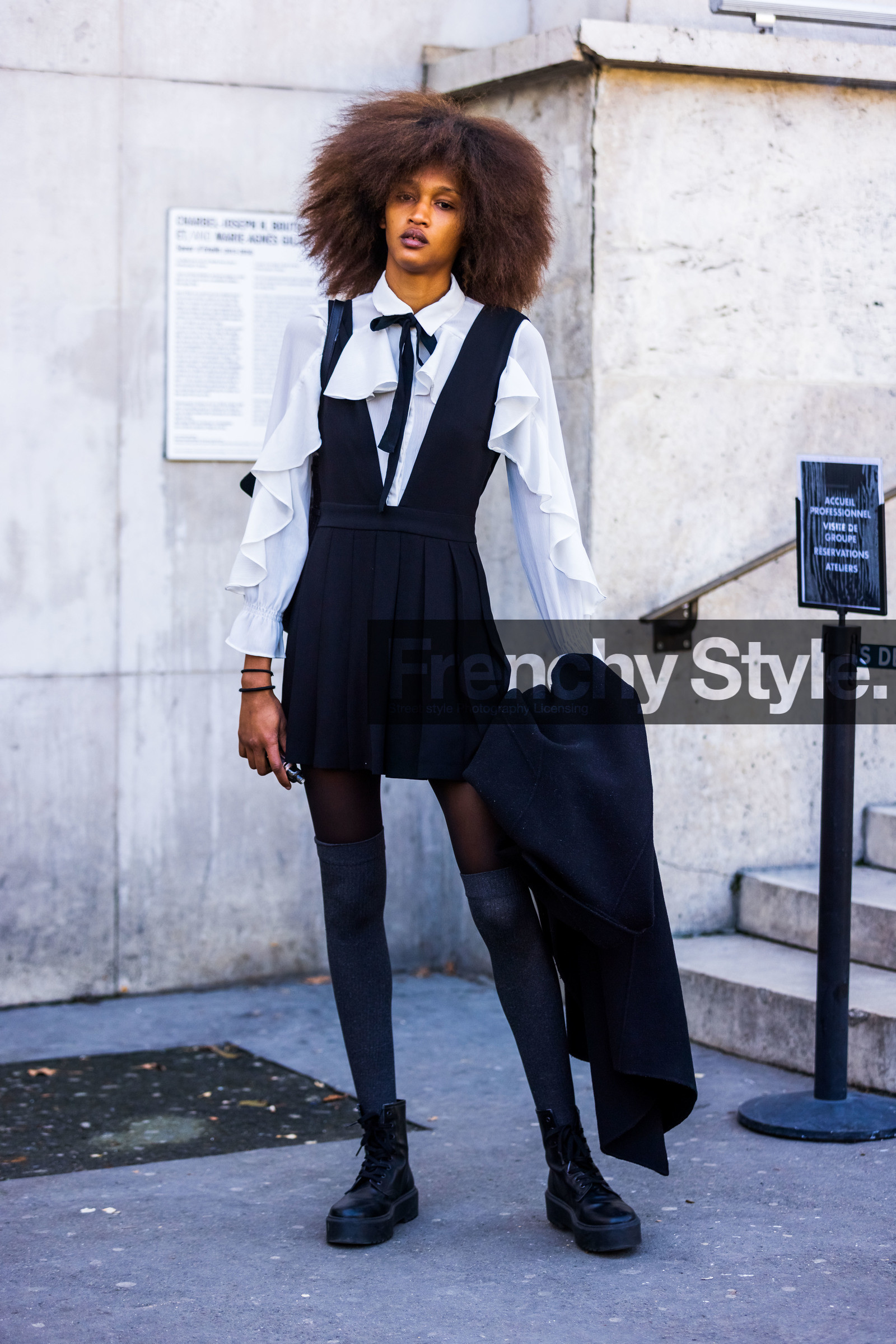 black boots, black dress, boots, dress, grey socks, high socks, necktie, pleated dress, ruffles, shirt, white blouse, white shirt, street style, jonathan paciullo, FW, frenchystyle, fashion week, PFW, PARIS, SPRING SUMMER 2022, SS 22, vertical, full length, model