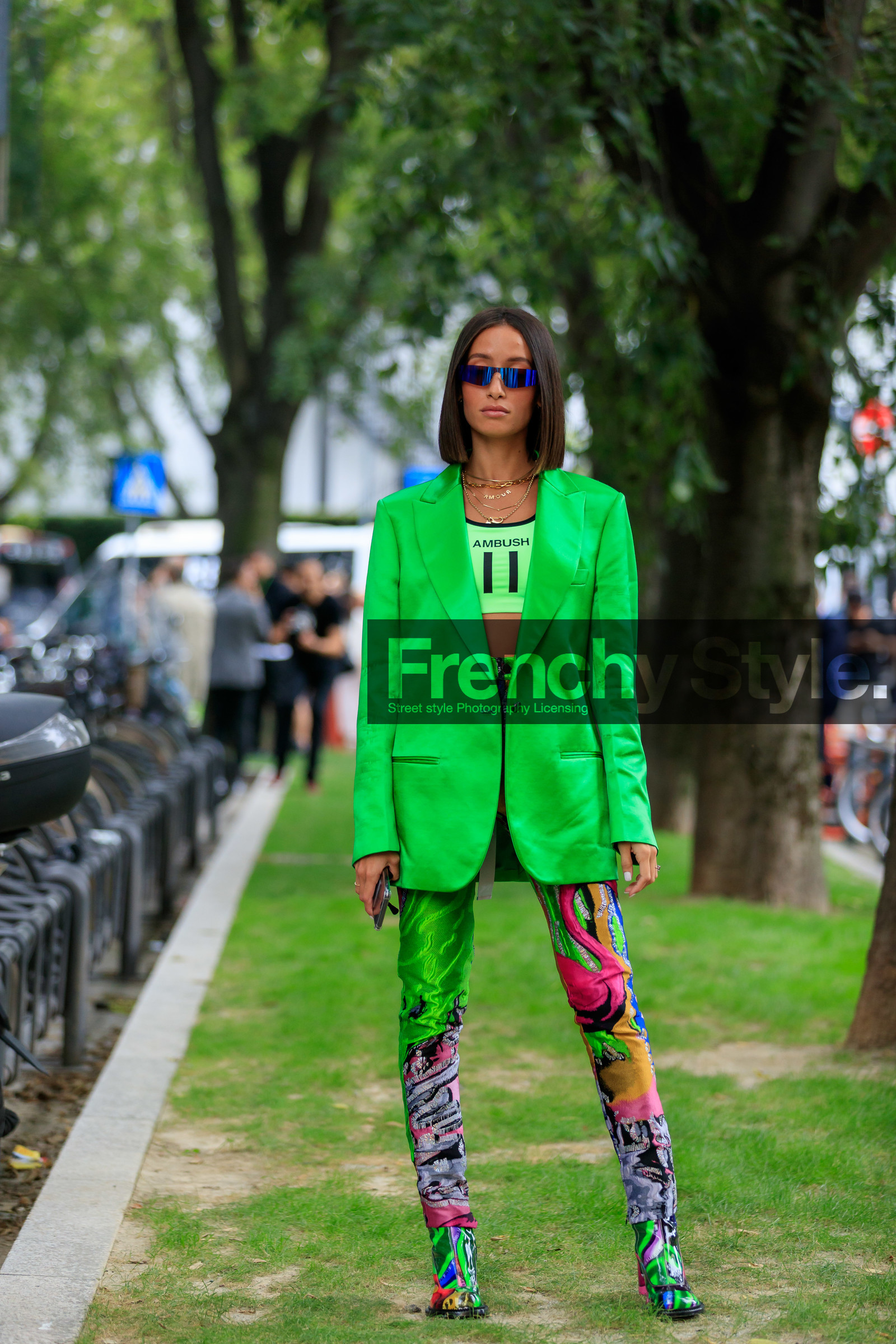 alexandra guerain, green jacket, green pants, green bra, ambush bra, cropped top, futurist shape sunglasses, printed pants, tight pants, lurex pants, pink pants, silvered pants, polish boots, green boots, multicolor pants, multicolor boots, multi necklace, chain necklace, letters necklace, golden necklace, fashion week, frenchystyle, FW, jonathan paciullo, street style, MFW, MILAN, SPRING SUMMER 2020, SS 20