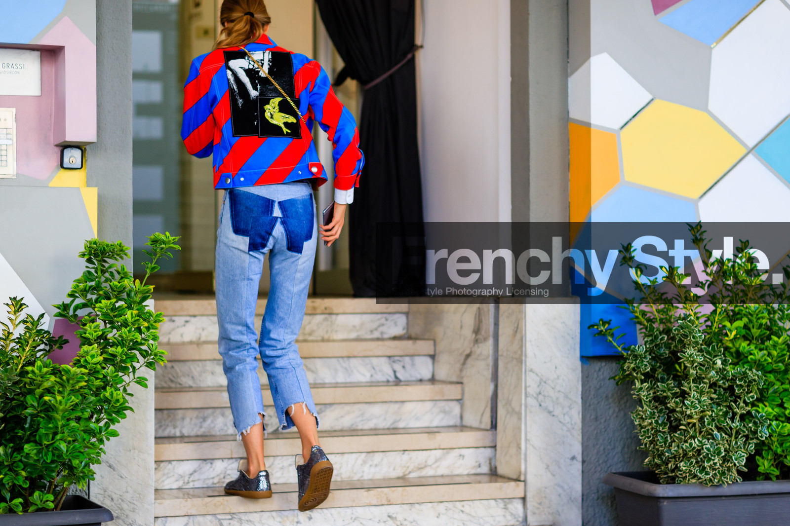atmosphere details, back detail, blue denim, denim pants, detail, fashion week, frenchystyle, FW, graphic jacket, horizontal, jeans, jonathan paciullo, leather shoes, MFW, MILAN, miu miu, printed jacket, SPRING SUMMER 2017, SS 17, street style, striped jacket, trousers