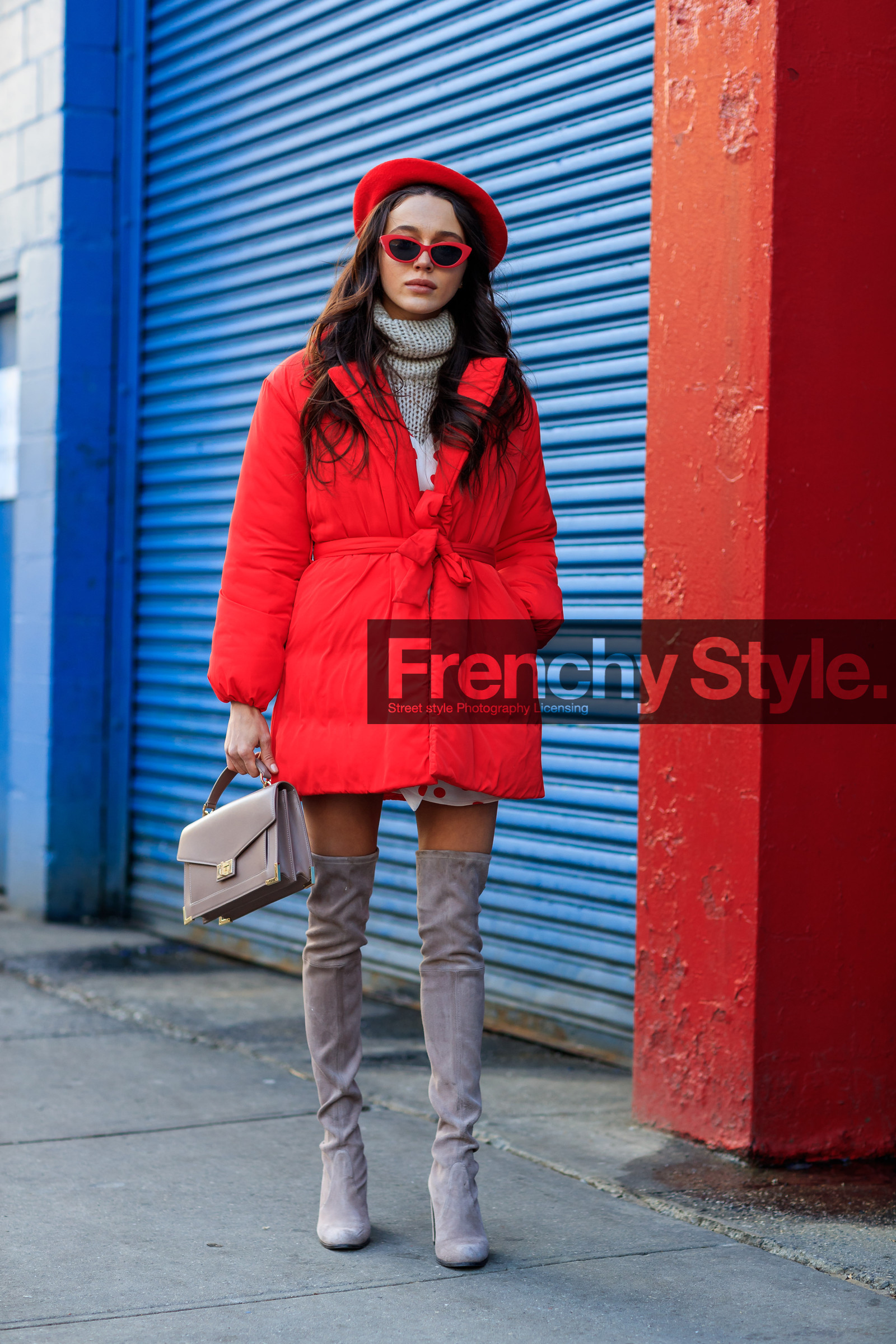 beret, fun sunglasses, high boots, high heels, leather bag, leather shoes, nude bag, nude boots, red hat, red jacket, sunglasses, street style, jonathan paciullo, FW, frenchystyle, fashion week, NYFW, NEW YORK, AUTUMN WINTER 2018-2019, AW 18-19, FALL WINTER 2018-2019, FW 18-19, vertical, full length