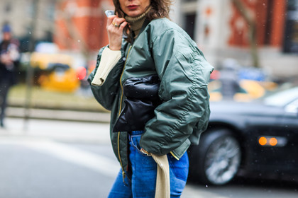atmosphere details, AUTUMN WINTER 2016-2017, AW 16-17, beige knit, black bag, blue denim, bomber jacket, céline, denim pants, detail, fashion week, frenchystyle, FW, FW 16-17, horizontal, iphone, irina lakicevic, jeans, jonathan paciullo, kaki jacket, leather bag, NEW YORK, NYFW, street style, trousers, turtleneck sweater, woman