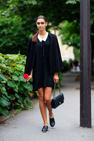 2.55 bag, AUTUMN WINTER 2016-2017, AW 16-17, black bag, black cardigan, black dress, black jacket, black shoes, braids, chanel, eyeshadow, FALL WINTER 2016-2017, fashion week, frenchystyle, full length, FW, FW 16-17, HAUTE COUTURE, jonathan paciullo, leather bag, leather shoes, MENSWEAR, mocassins, model, PARIS, PFW, street style, tone on tone, total look black, vertical, white collar, zhenya katava
