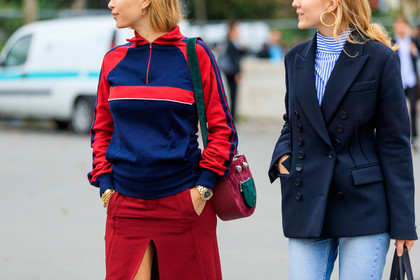 atmosphere details, black jacket, blazer, blue sweater, denim pants, detail, fashion week, frenchystyle, FW, horizontal, jeans, jonathan paciullo, leather bag, PARIS, pernille teisbaek, PFW, printed sweater, red bag, red skirt, SPRING SUMMER 2017, SS 17, street style, suede bag, trousers