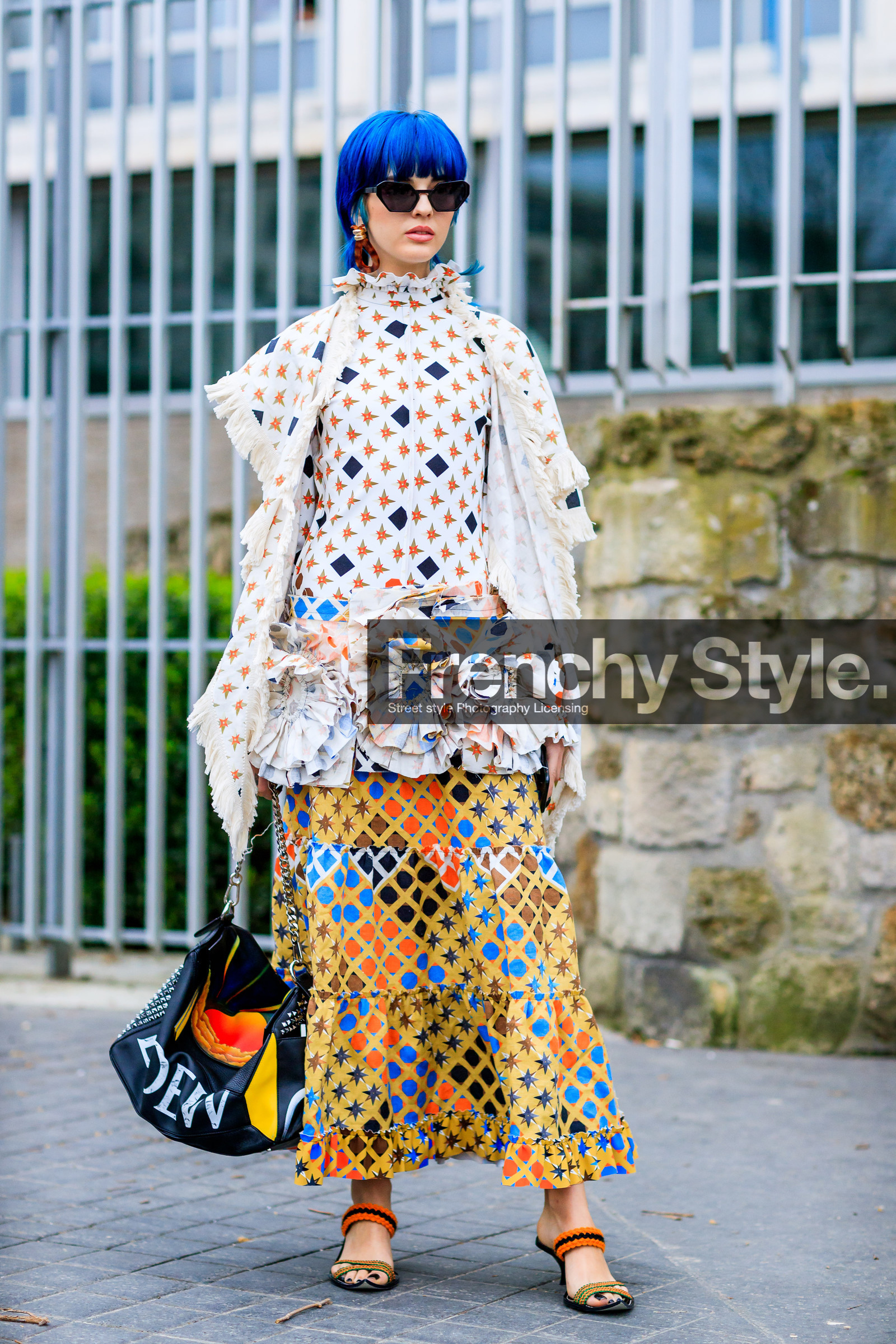 AUTUMN WINTER 2017-2018, AW 17-18, blue hair, dyed hair, FALL WINTER 2017-2018, fashion week, frenchystyle, full length, FW, FW 17-18, geometric, graphic shirt, graphic skirt, high heels, jonathan paciullo, leather bag, leather shoes, loewe, multicolor bag, multicolor skirt, PARIS, PFW, printed bag, printed shirt, printed skirt, ruffles, sita abellan, street style, sunglasses, vertical, white shirt, yellow skirt