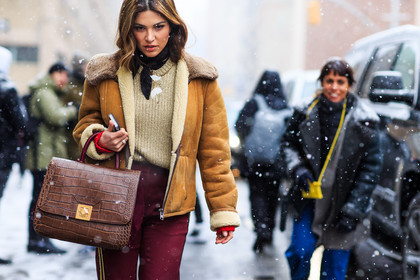 atmosphere details, AUTUMN WINTER 2016-2017, aviator sunglasses, AW 16-17, beige, beige knit, black scarf, bordeaux, bronze, brown bag, brown fur, brown jacket, camel, camel jacket, detail, fashion week, frenchystyle, fur collar, FW, FW 16-17, horizontal, jonathan paciullo, leather bag, negin mirsalehi, NEW YORK, NYFW, red, red pants, shearling, street style, suede jacket, white fur, woman