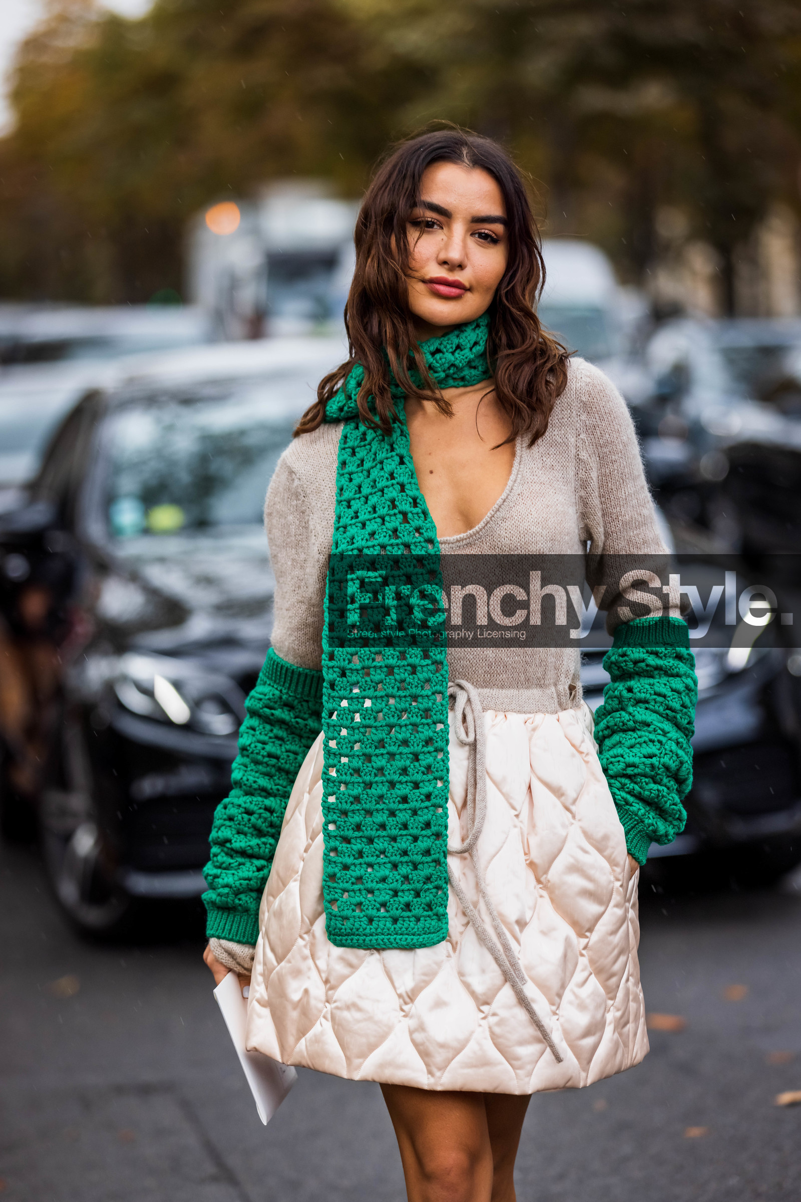 beige knitwear, beige skirt, crochet, green scarf, knitwear, miu miu look, quilted skirt, Rania Fawazz, scarf, skirt, sleeves, fashion week, frenchystyle, FW, jonathan paciullo, street style, PFW, PARIS, SPRING SUMMER 2022, SS 22, vertical, atmosphere details