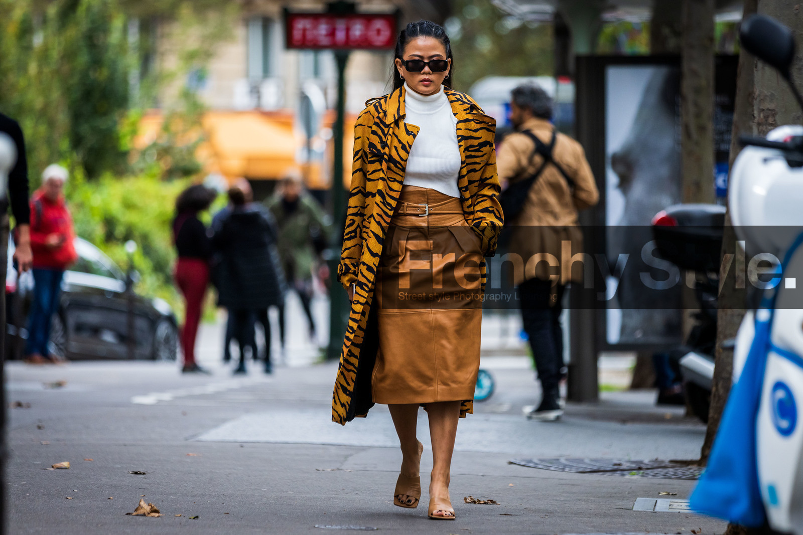 animal print, beige mules, black sunglasses, camel skirt, coat, leather mules, leather skirt, mules, Nichapat Suphap, printed coat, skirt, sunglasses, tiger print, turtleneck, white turtleneck, street style, jonathan paciullo, FW, frenchystyle, fashion week, PFW, PARIS, SPRING SUMMER 2022, SS 22, horizontal, atmosphere details, full length