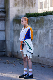 black loafers, black mocassins, blue polo, lacoste look, loafers, mini skirt, mocassins, Moesta Errabunda, orange skirt, polo, skirt, socks, tattoo, white polo, white shorts, white socks, zipped polo, lacoste, fashion week, frenchystyle, FW, jonathan paciullo, street style, PFW, PARIS, SPRING SUMMER 2022, SS 22, vertical, full length