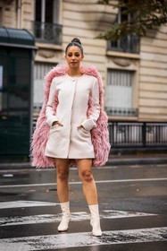 beige boots, boots, coat, dress, fringes, lanvin look, Lena Mahfouf, pastel, pink coat, pink dress, statement coat, fashion week, frenchystyle, FW, jonathan paciullo, street style, PFW, PARIS, SPRING SUMMER 2022, SS 22, vertical, full length