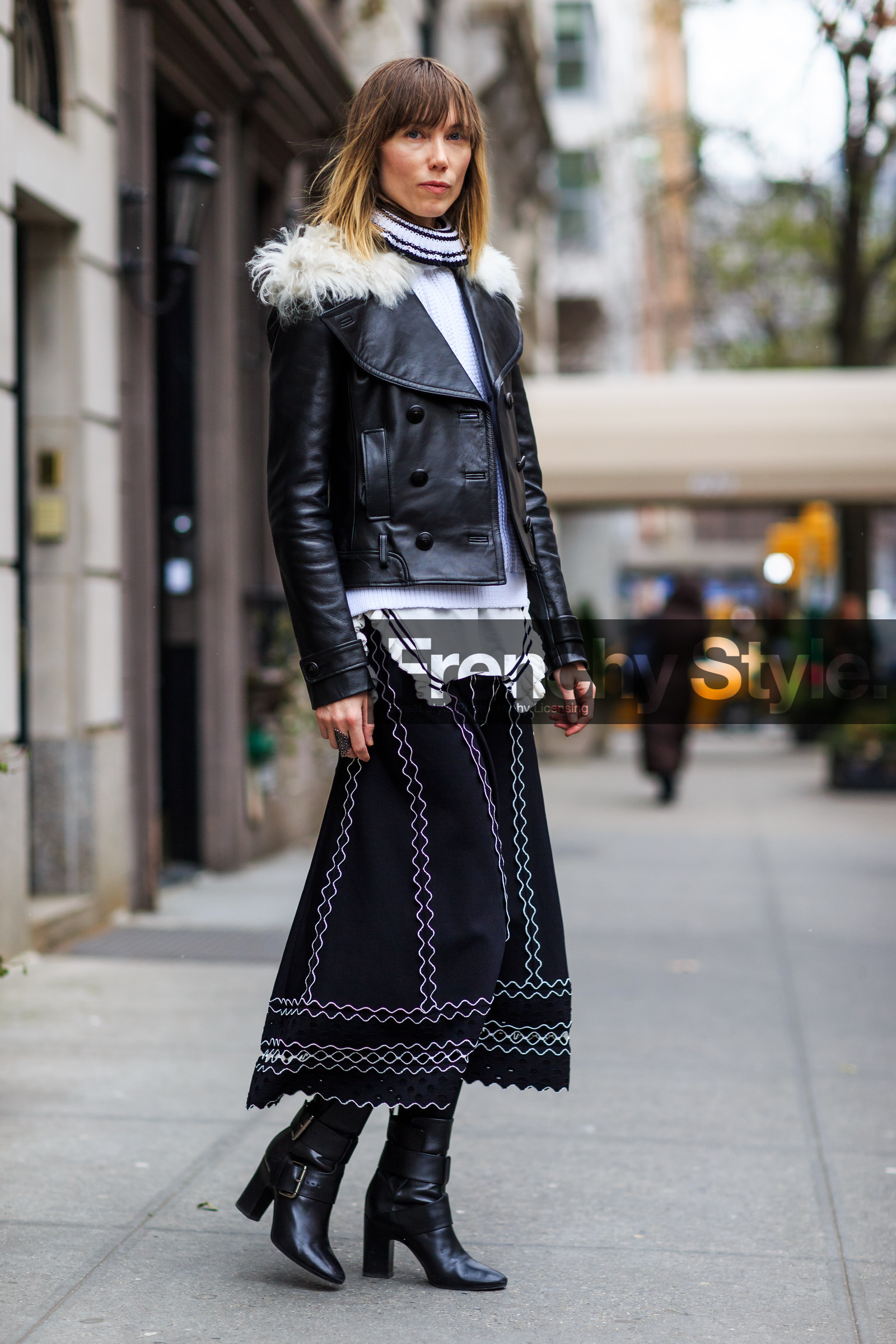 anya ziourova, AUTUMN WINTER 2016-2017, AW 16-17, black boots, black jacket, black skirt, embroidered skirt, fashion week, frenchystyle, full length, fur collar, FW, FW 16-17, jonathan paciullo, leather boots, leather jacket, long skirt, NEW YORK, NYFW, street style, vertical, white fur, white knit, woman