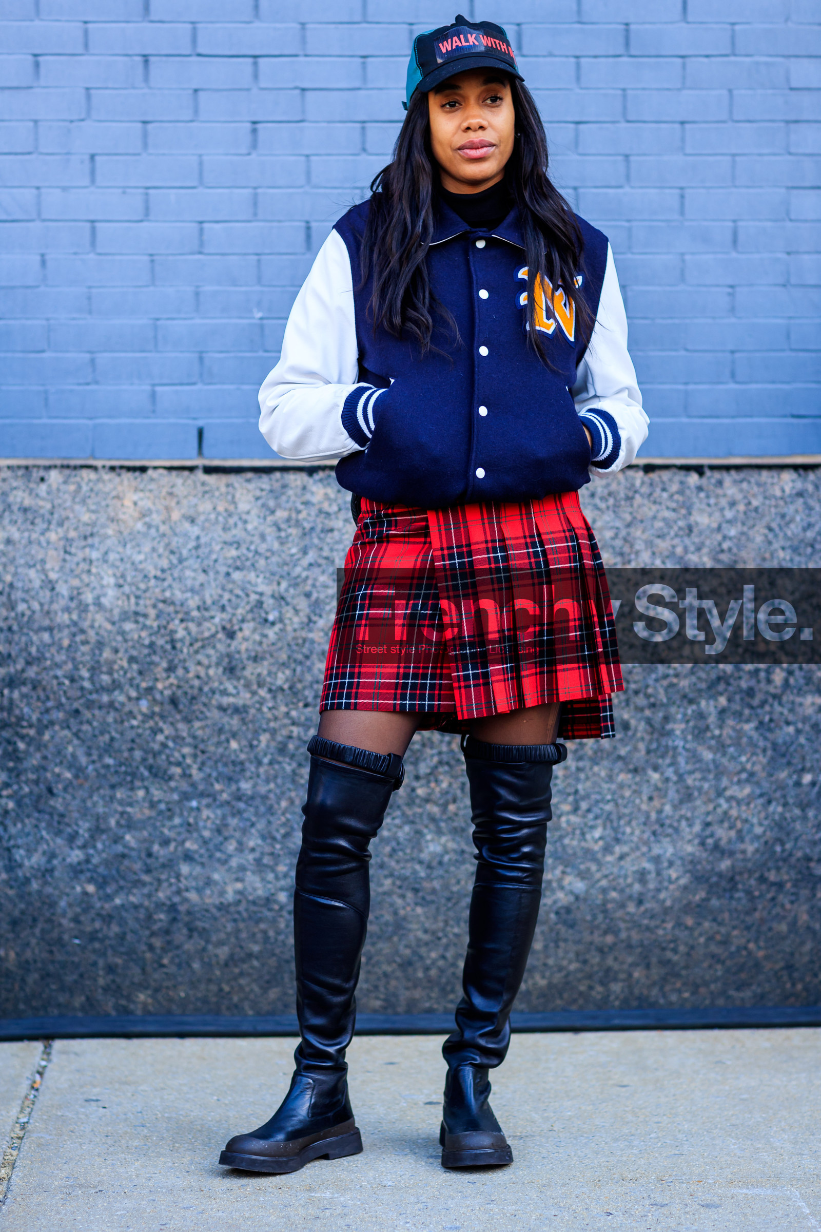 american, black cap, black shoes, checked, graphic jacket, graphic skirt, high boots, leather shoes, plaid, pleated skirt, printed jacket, printed skirt, red skirt, tartan, teddy jacket, street style, jonathan paciullo, FW, frenchystyle, fashion week, NYFW, NEW YORK, AUTUMN WINTER 2018-2019, AW 18-19, FALL WINTER 2018-2019, FW 18-19, vertical, full length, jan-michael quammie