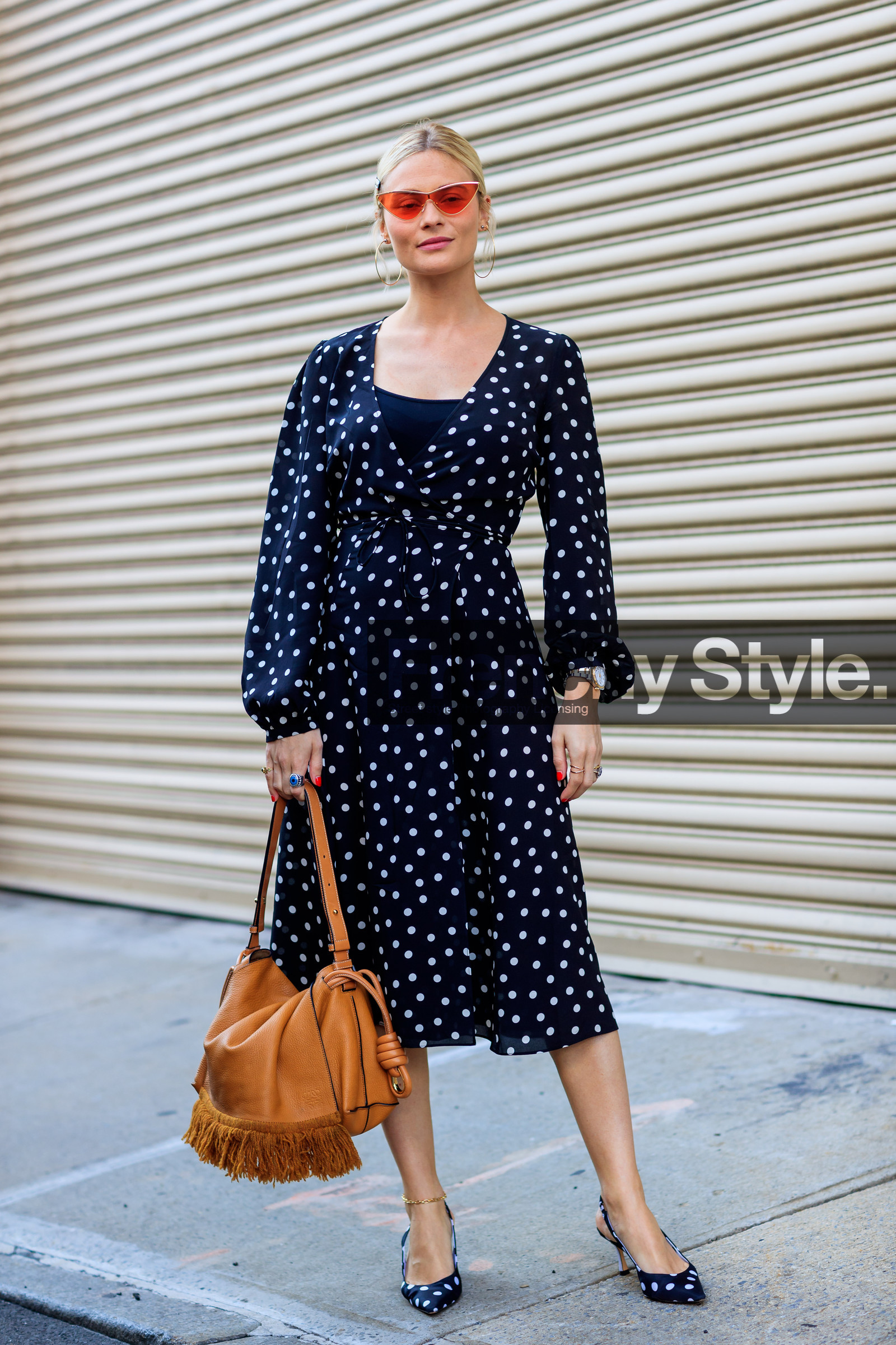 black dress, camel bag, fashion week, frenchystyle, full length, FW, high heels, jonathan paciullo, leather bag, leather shoes, loewe, NEW YORK, NYFW, pandora sykes, polka dot, printed dress, printed shoes, SPRING SUMMER 2018, SS 18, street style, sunglasses, vertical