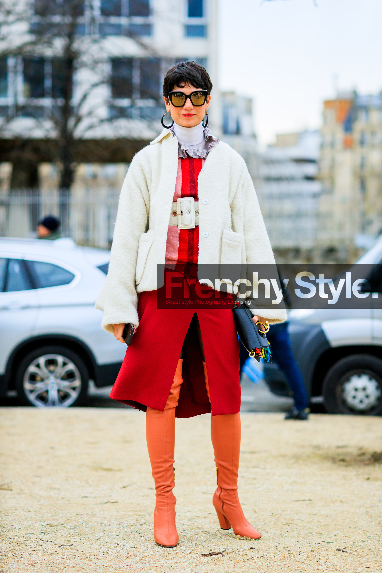 AUTUMN WINTER 2017-2018, AW 17-18, black bag, earrings, FALL WINTER 2017-2018, fashion week, frenchystyle, full length, FW, FW 17-18, high boots, high heels, jonathan paciullo, jw anderson, leather shoes, orange shoes, PARIS, PFW, printed sweater, red skirt, red sweater, street style, striped sweater, sunglasses, turtleneck sweater, vertical, white belt, white jacket, white sweater