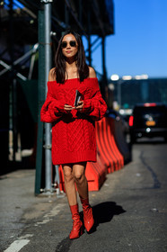 fashion week, frenchystyle, full length, FW, jonathan paciullo, knit dress, NEW YORK, NYFW, off the shoulder, oversize, red dress, red sweater, SPRING SUMMER 2018, SS 18, street style, sunglasses, vertical, yoyo cao