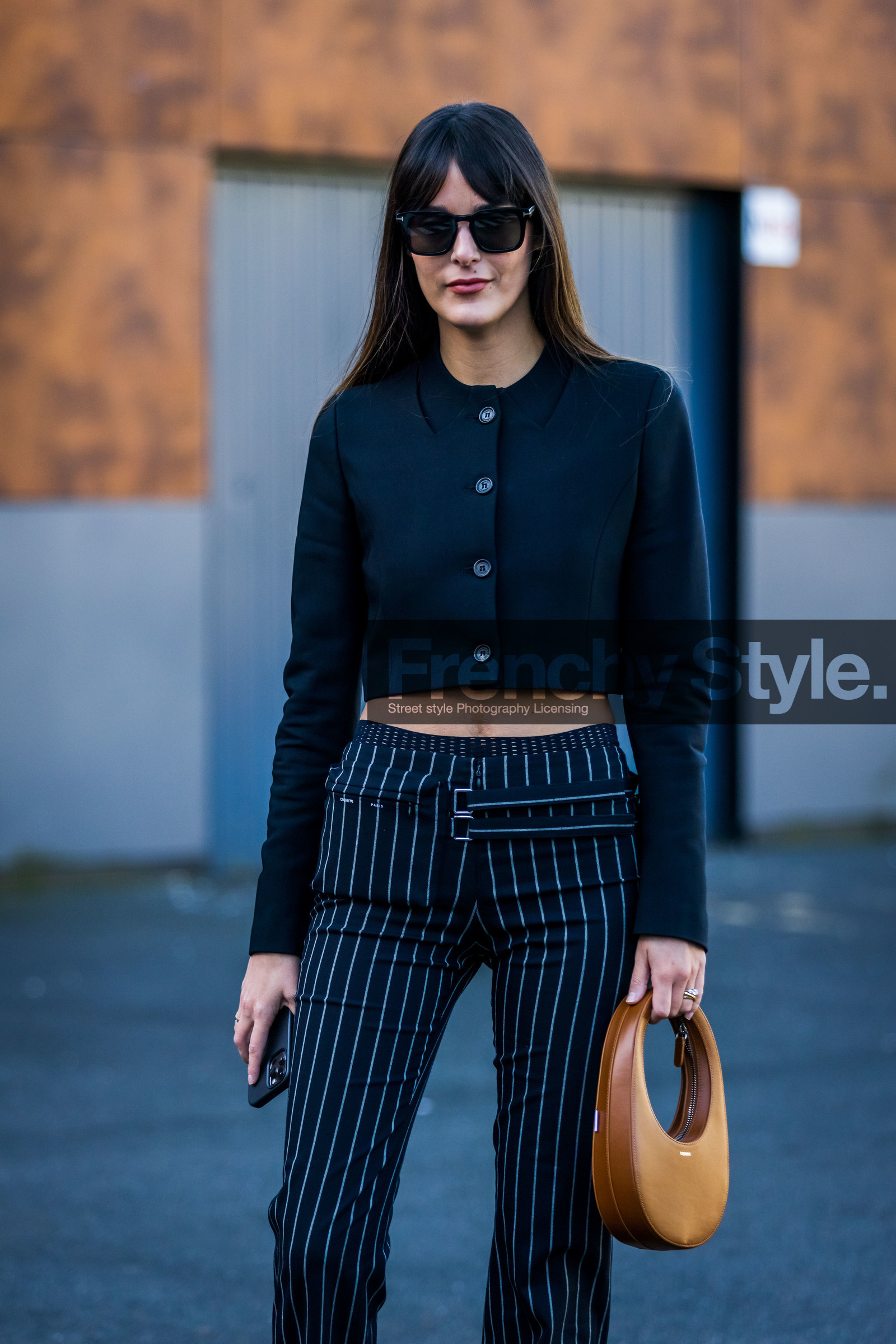 bag, black crop top, black jacket, black pants, black sunglasses, brown bag, coperni bag, crop jacket, crop top, jacket, Leia Sfez, pants, striped pants, stripes, sunglasses, street style, jonathan paciullo, FW, frenchystyle, fashion week, PFW, PARIS, SPRING SUMMER 2022, SS 22, vertical, atmosphere details