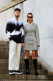alice & j.s, alice barbier, JS roques, light beige dress, light beige jacket, jacket dress, belted dress, belted jacket, white leather bag, black leather boots, hand bag, flat boots, big sole boots, high boots, green sunglasses, butterfly sunglasses, golden earrings, hoop earrings, navy blue jacket, tie and dye jacket, white jacket, striped jacket, white jeans, margiela jacket, dark grey jacket, fashion week, frenchystyle, FW, jonathan paciullo, street style, PFW, PARIS, vertical, full length