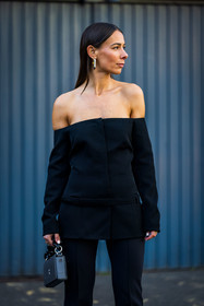 Alice Barbier, bag, black pants, black top, earrings, grey bag, off shoulder top, pants, top, street style, jonathan paciullo, FW, frenchystyle, fashion week, PFW, PARIS, SPRING SUMMER 2022, SS 22, vertical, atmosphere details