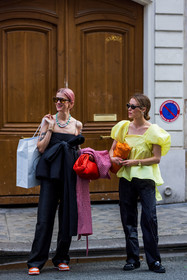 Annabel Rosendahl, aviator sunglasses, bag, ballon sleeves, black loafers, black mocassins, black pants, black top, bottega veneta bag, leather bag, loafers, Marianne Theodorsen, necklace, pants, red bag, ruffles, sneakers, sunglasses, top, yellow top, street style, jonathan paciullo, FW, frenchystyle, fashion week, PFW, PARIS, SPRING SUMMER 2022, SS 22, vertical, full length