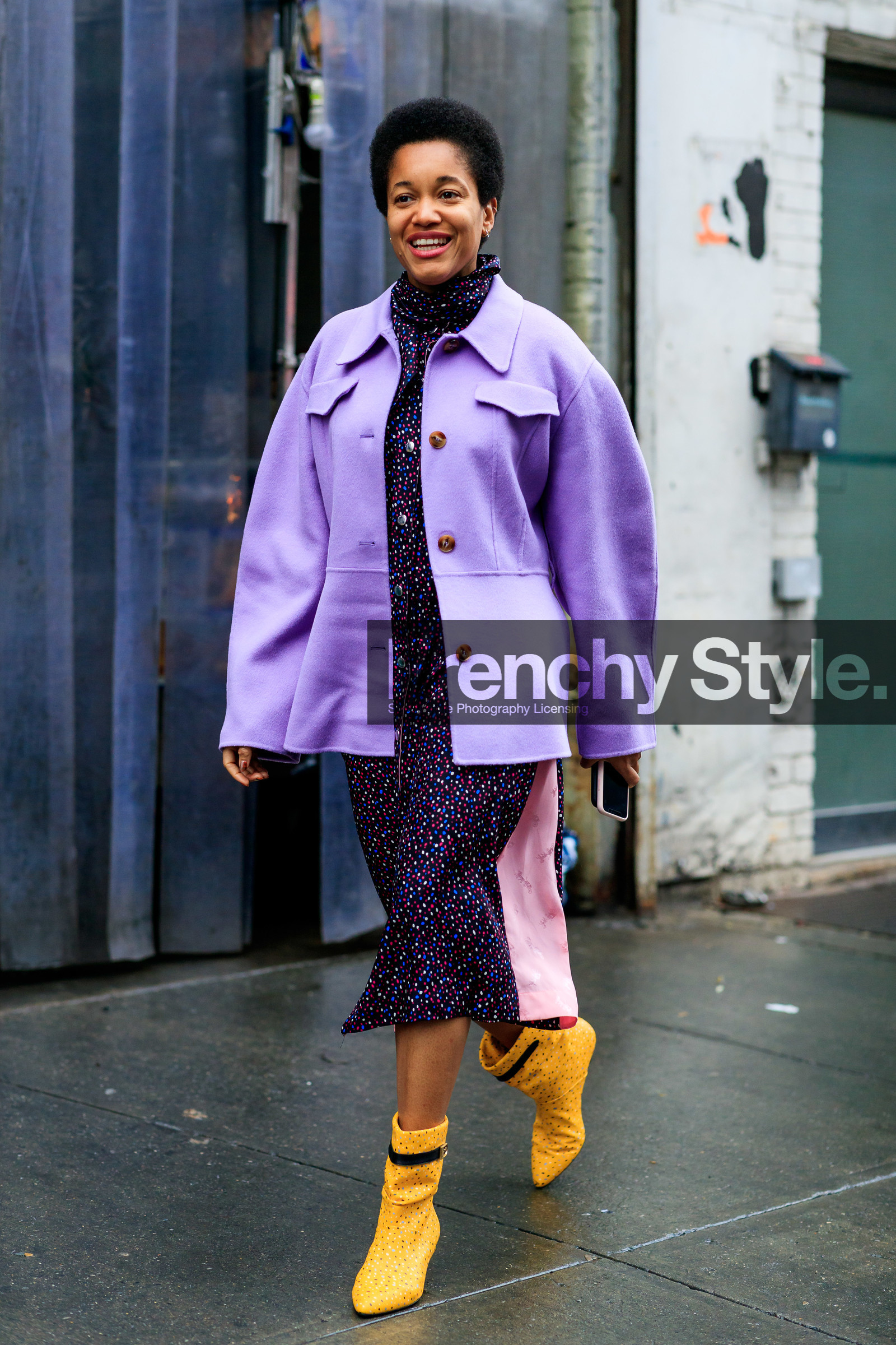 tamu mcpherson, lilac jacket, lilac shirt, black dress, polka dots dress, polka dots boots, low boots, camel leather boots, coach boots, coach dress, high collar dress, lavalliere collar, mid long dress, pink dress, monogrammed dress, fashion week, frenchystyle, FW, jonathan paciullo, street style, NYFW, NEW YORK, AUTUMN WINTER 2020-2021, FALL WINTER 2020-2021, FW 20-21, vertical, full length