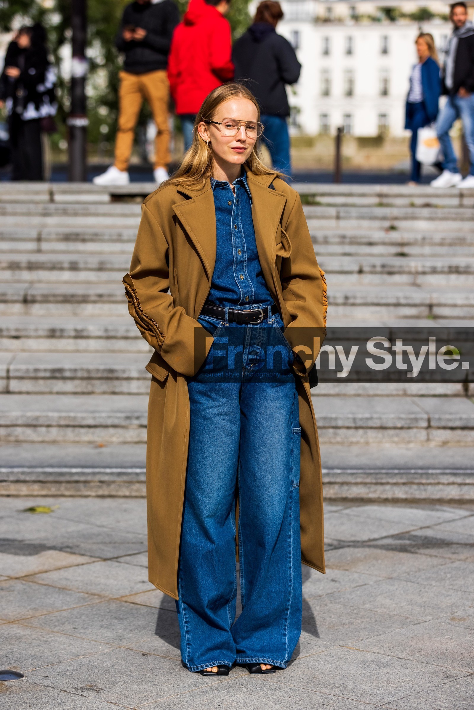 Alex Carl, belt, black belt, blue denim, blue jean, blue jean shirt, camel trenchcoat, denim, denim pants, denim shirt, glasses, leather belt, trenchcoat, fashion week, frenchystyle, FW, jonathan paciullo, street style, PFW, PARIS, SPRING SUMMER 2022, SS 22, vertical, full length