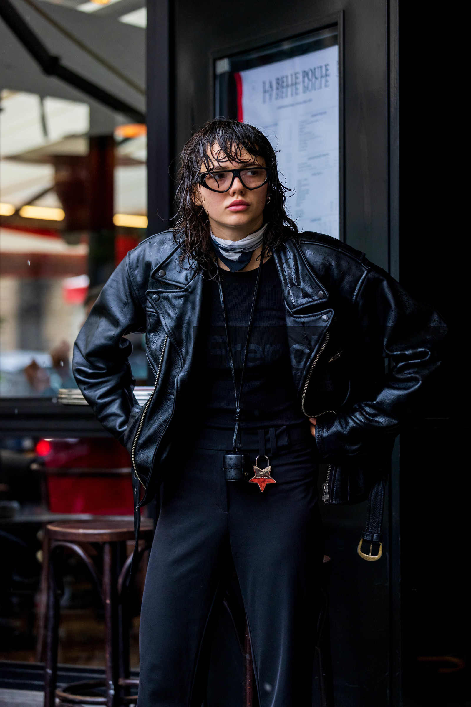 black monochrome, black pants, black perfecto, black scarf, black t-shirt, glasses, jacket, leather jacket, pants, perfecto, scarf, t-shirt, white scarf, fashion week, frenchystyle, FW, jonathan paciullo, street style, PFW, PARIS, SPRING SUMMER 2022, SS 22, vertical, atmosphere details