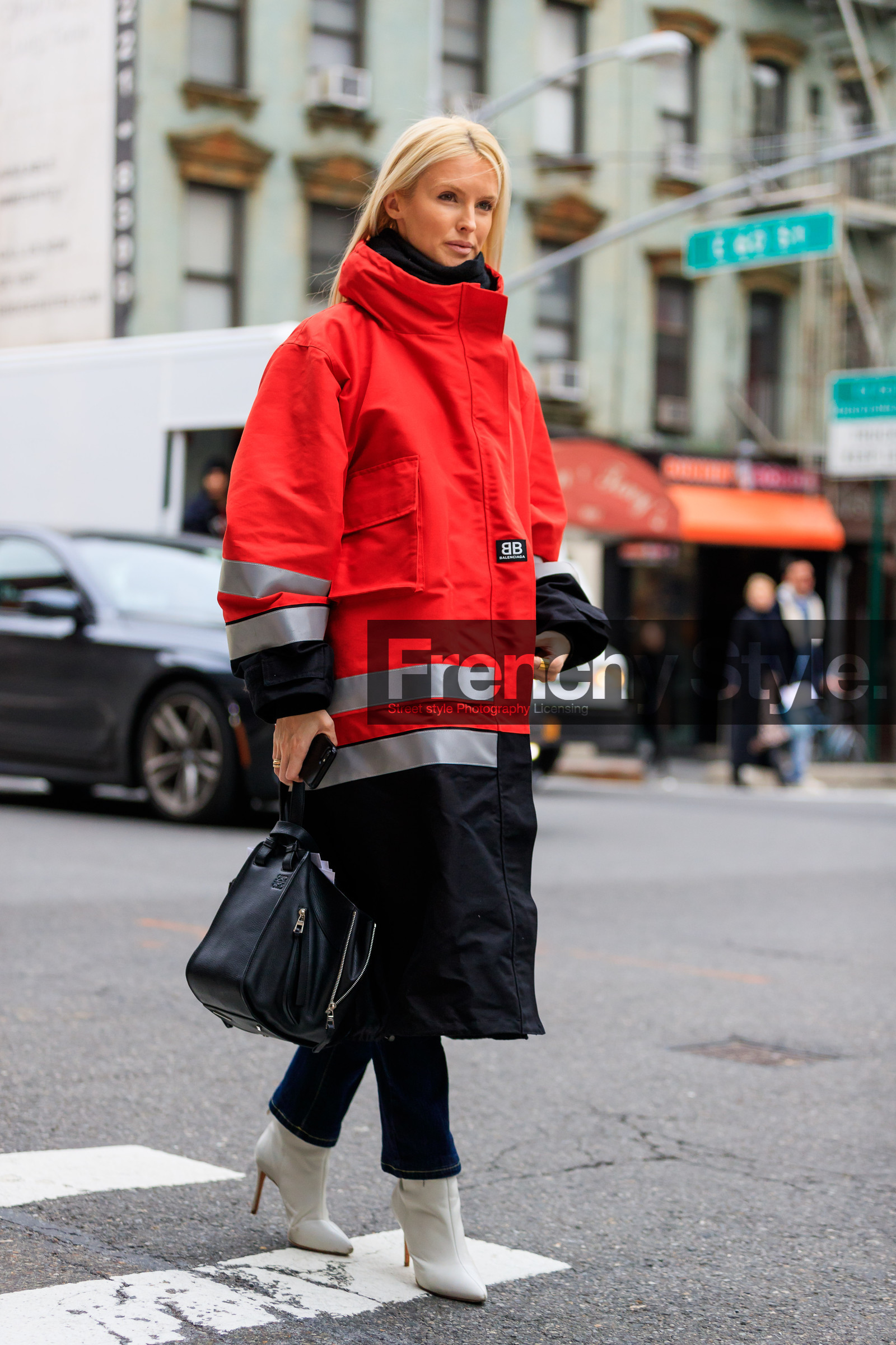 balenciaga, black bag, graphic jacket, high heels, leather bag, leather shoes, loewe, printed jacket, red jacket, trousers, white boots, street style, jonathan paciullo, FW, frenchystyle, fashion week, NYFW, NEW YORK, AUTUMN WINTER 2018-2019, AW 18-19, FALL WINTER 2018-2019, FW 18-19, vertical, full length, kate davidson hudson