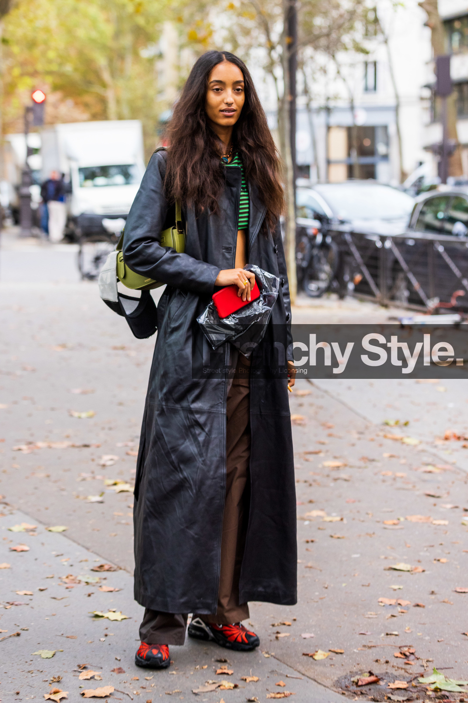bag, black coat, black sneakers, cap, coat, crop top, green bag, green crop top, leather bag, leather coat, Mona Tougaard, red sneakers, sneakers, striped crop top, stripes, fashion week, frenchystyle, FW, jonathan paciullo, street style, PFW, PARIS, SPRING SUMMER 2022, SS 22, vertical, full length