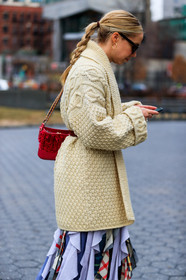beige cardigan, checked, graphic dress, plaid, printed dress, red bag, tartan, street style, jonathan paciullo, FW, frenchystyle, fashion week, NYFW, NEW YORK, AUTUMN WINTER 2018-2019, AW 18-19, FALL WINTER 2018-2019, FW 18-19, vertical, atmosphere details, detail, chloe king